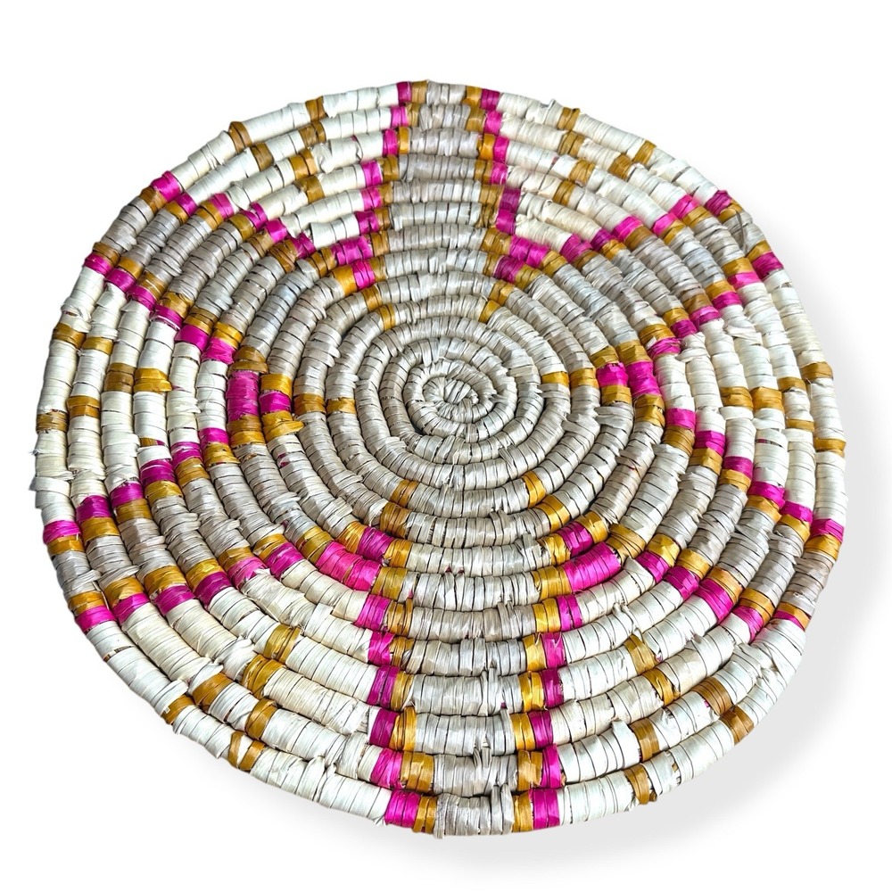 Handwoven Coiled Rattan Placemat Trivet‎ Bohemian 15" Pink Yellow Wall Hanging